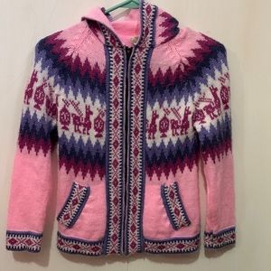 Girls 50% soft alpaca zip up sweater jacket with hood.